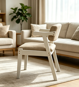 Chaise de bureau en bois massif blanc avec accoudoirs en corne, chaise de salle à manger décontractée à dossier court rembourré en lin beige pour la maison, le bureau ou la chambre d'étudiant - Product Image 5