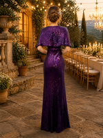 Robe de soirée violette à sequins et perles, col en V, manches cape, coupe fourreau, longueur ras du sol, pour mère de la mariée, vente en gros