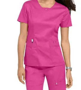 Womens Slimt Fit Rose Red Nures Uniform Sets, V-Neck Lab Medical Shirts Short Sleeve