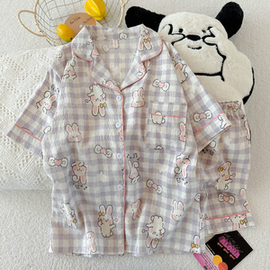 Femmes été à manches courtes Cardigan pyjamas ensemble nuage coton thermique maison vêtements costume revers dessin animé conception vêtements de nuit Shorts - Product Image 5