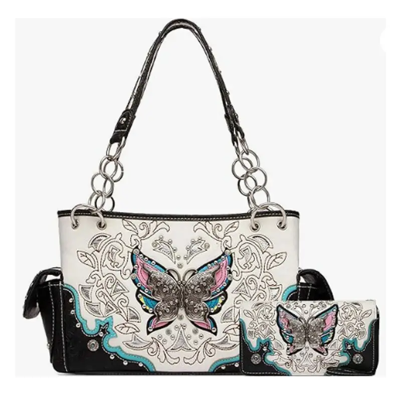 Borsa con fiori a farfalla primavera occidentale borsa da donna con orecchini di strass set di borse a tracolla