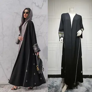 Saliman jubah Abaya Kimono bordir Abaya gaya Arab Duabi mantel sederhana gaun Muslim Turki hitam terbuka Abaya