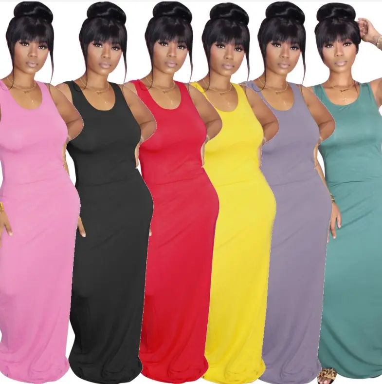 2023 Summer Dress woman u neck Loose Solid Color Ladies solid plain blank Casual bangkok Maxi vest Dresses