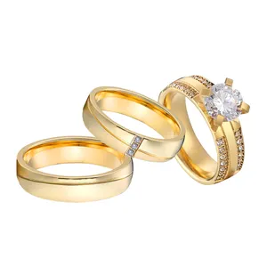 3 pezzi set di anelli di fidanzamento per ragazze coppie oro 24k placcato gioielli in acciaio inox anello bijoux fantaisie chine
