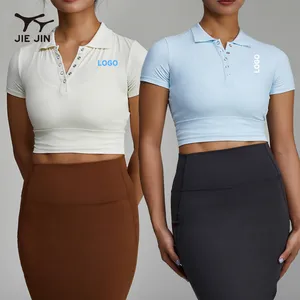 JIEJIN Hochwertige Mode Grundlegendes Damen kurze Ärmel Slim Fit einfarbig Knopfleiste zugeschnitten Polo-Shirts