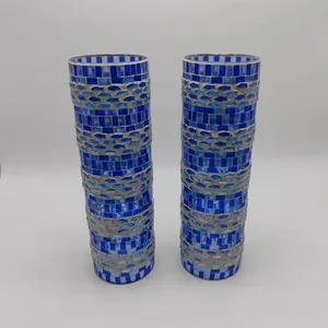 Handmade Cylinder Glass Candle Jar Mosaic Glass Candle Holder For Home Decorative
