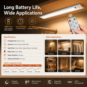 Lumière sous-armoire <span class=keywords><strong>ultra</strong></span>-fine rechargeable à détecteur de mouvement, USB-C, magnétique, LED, télécommande, <span class=keywords><strong>3</strong></span> couleurs, intensité réglable, CRI 95 élevé, interrupteur automatique - Product Image 2