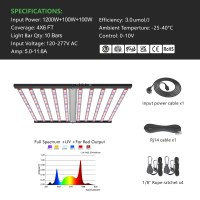 HongYi 1200W + 100W + 100W 10 barres LED élèvent la lumière trois canaux de contrôle avec large spectre PPE 3.0umol/J spectre complet et rouge + FR et UV