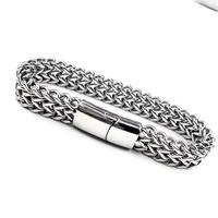 Bracelet chaîne tennis double rangée en acier inoxydable argenté pour homme, style punk géométrique tendance, avec fermoir magnétique, idéal pour les fêtes - Vente en gros