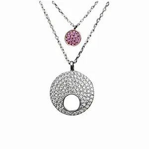 Classic Micro Pave Setting Diamonds Women Double Circle 925 Sterling Silver Layer Necklace Jewelry