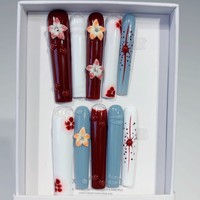 Kit de 10 faux ongles carrés faits main, motifs French Manucure, fleurs 3D, étoiles et pointes bleues, avec bords arrondis