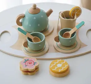 Pretend Play Preschool Wooden Kids Toys Tableware Play Set Afternoon Tea Dessert Cake Sales Tea Pot Cup Wooden Tea Set