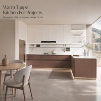 Dapur Modern Ramah Lingkungan Warna Taupe Hangat dengan Konstruksi Particleboard, Laci Geser, Keran, dan Engsel Soft Close