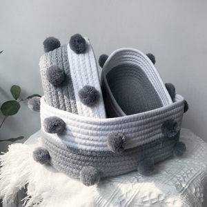 Nordic Cotton Rope Woven Storage <b>Basket</b> Rectangle Gray Pom Pom Desktop Organizer for Snacks Keys Cosmetics - Product Image 4