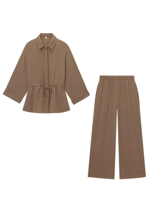 Set di pantaloni estivi da <span class=keywords><strong>donna</strong></span> camicetta top <span class=keywords><strong>pantalone</strong></span> da <span class=keywords><strong>donna</strong></span> Set due pezzi marrone a maniche lunghe tailleur <span class=keywords><strong>donna</strong></span> - Product Image 2