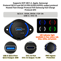 Cargador USB para Autobús, Carritos de Golf y Camiones, con Montaje Plano, DC 12/24V, Doble Puerto USB QC3.0, USB-A y Tipo-C, 5V3.1A