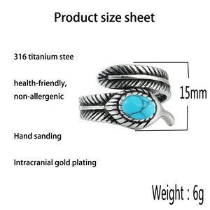 Men's Feather <b>Ring</b> Turquoise Stone Bezel Setting Stainless Steel Punk Style Gift Jewelry 28mm - Product Image 3
