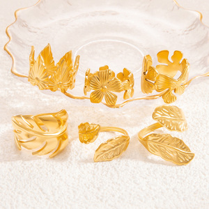 European American Style Leaf <b>Ring</b> 18k Gold Plated Stainless Steel <b>Open</b> Design Unisex Fashion Jewelry Gift - Product Image 1