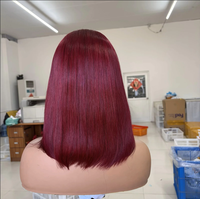 Perruque brésilienne Remy en cheveux humains, dentelle transparente, couleur vin rouge 99J, 12 pouces, densité 250%, coupe bob droite