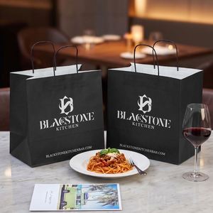 Sacs en papier kraft écologiques recyclables noirs avec logo personnalisé pour restaurants, nouilles, pâtes, steaks, avec poignée - Product Image 6