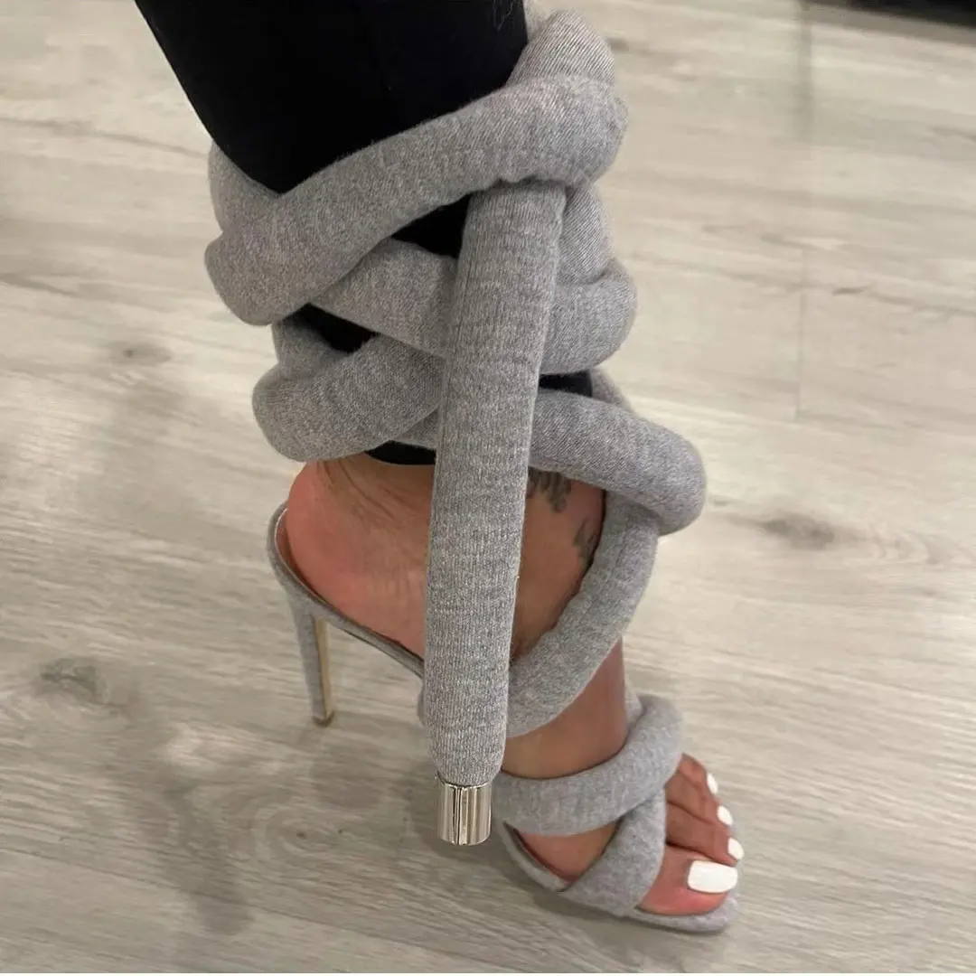 Anmairon 2023 New Arrival Grey Fabric Upper Soft Comfort Cross Strap Dress Sandals Summer Open Toe Heeled Sandals