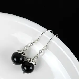 Factory Direct Sale Long Tassel Black Stone Huggie 925 Sterling Silver Chain Earrings