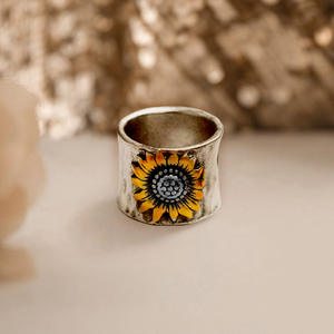 H216 <b>Sunflower</b> Cocktail <b>Ring</b> Enamel Inlay Unisex Fashion Jewelry Gift - Product Image 4