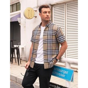 Custom Mens Plaid Button <b>Down</b> Shirt Short Sleeve Casual Wear Anti Wrinkle Polyester Poplin - Product Image 4