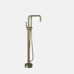 Banheira autônoma Chrome Faucet Escovado Níquel Floor Stand Latão Single Handle Banheiro Clawfoot Faucet com Chuveiro De Mão