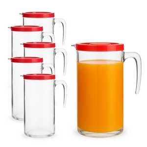 Caraffa in vetro da 1 litro con coperchio rosso e beccuccio, manico ergonomico per servire succhi, acqua e bevande - Product Image 1