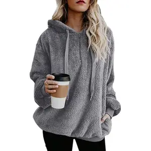 Women's Fuzzy Hoodies Sport Pullover Hoodie Athletic Cozy Oversized Pockets Hooded Sweatshirt Fleece Hoodies