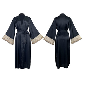 Bata de satén de seda con encaje en contraste, sexy, holgada, cómoda, de manga larga, ropa de dormir para mujer - Product Image 6