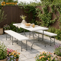 Ensemble de table à manger pliable en plastique 3 pièces avec 2 bancs, robuste, facile à nettoyer, gain de place pour la cour