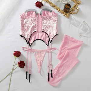 Nouvel ensemble de lingerie sexy pour femme : corset push-up en satin rose à pois sans bretelles, <span class=keywords><strong>porte</strong></span>-jarretelles <span class=keywords><strong>et</strong></span> bas transparents - Product Image 5