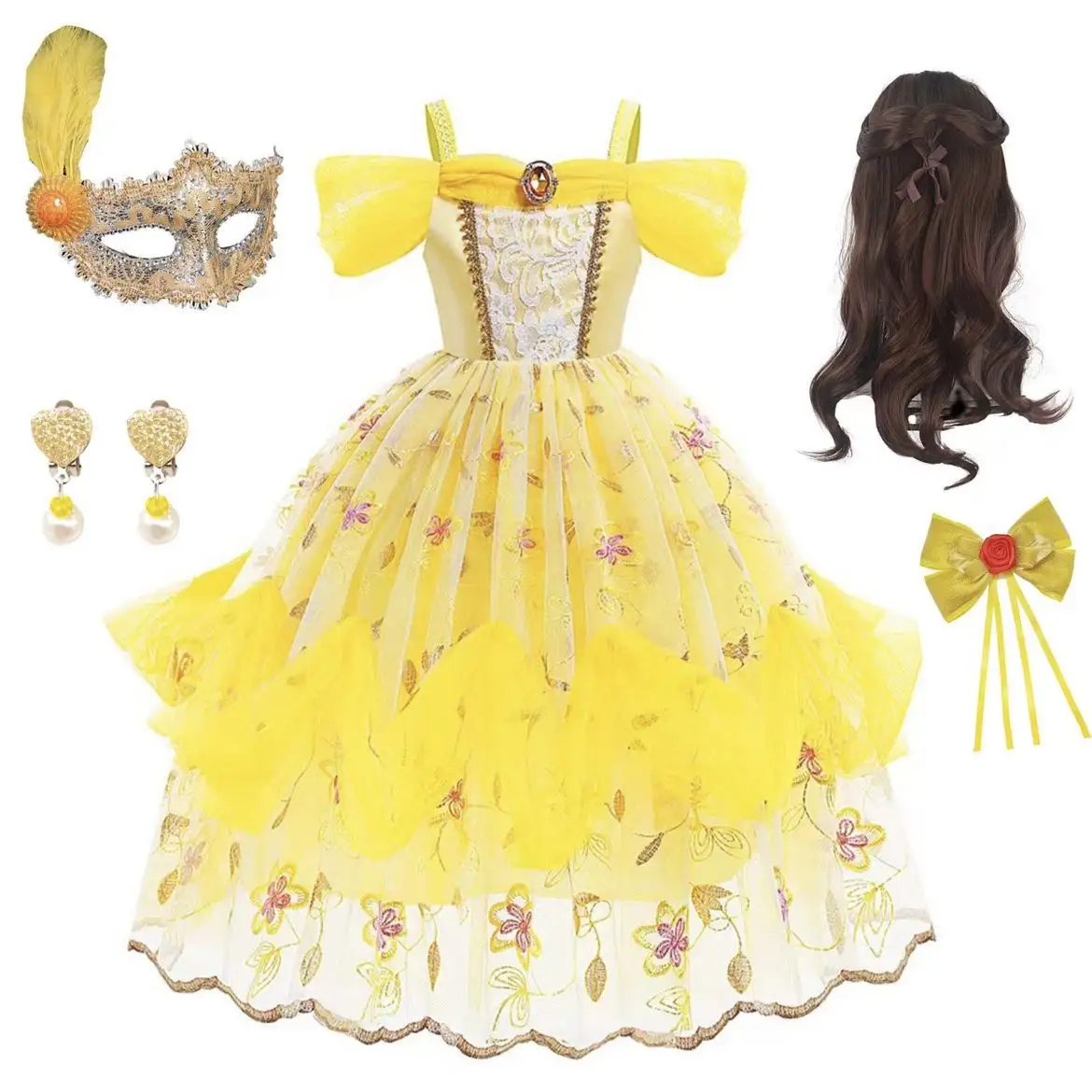 Disfraz de princesa amarilla para niñas, disfraces de Halloween para niños, vestido de princesa Belle