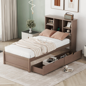 Modern Twin Size Bed Frame with 2 Storage Drawers & <b>Bookcase</b> Headboard Sturdy <b>Solid</b> Walnut <b>Wood</b> for Spring Bedrooms & Apartments - Product Image 1