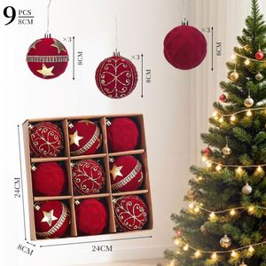 Ensemble de 9 décorations de Noël de luxe en velours rouge, ornements peints à la main avec paillettes dorées, boules incassables élégantes pour suspendre sur l'arbre de Noël - Product Image 2