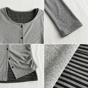 Autumn Long Sleeve Layered Look Top Women Striped Patchwork Button Front Ruched Casual T-<b>Shirt</b> Custom Logo TKAN8116 - Product Image 4