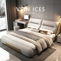 Lit king size de style luxueux pour chambre à coucher, style européen, lit double en bois massif de haute qualité, tête de lit en cuir souple