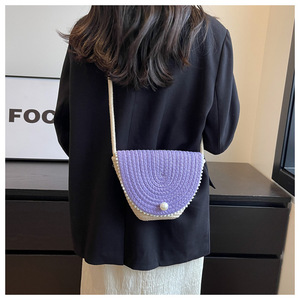 Purple Woven Cotton Rope Mini Beach Bag With Pearl Flap Crossbody Shoulder Bag For Women Summer Casual Everyday Use - Product Image 4