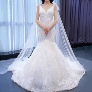 Mermaid Wedding Dress V-Neck <b>Lace</b> Ivory <b>White</b> With Cape Simple Style For Bridal - Product Image 1