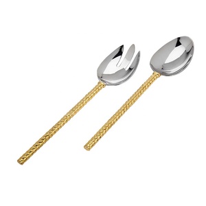 Juego de servir ensalada de acero inoxidable con mango dorado en relieve en una caja de regalo Cuchara pulida de plata multifunción Cuchara para ensalada - Product Image 2