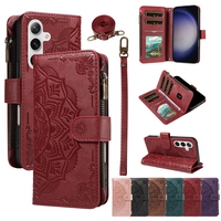 Étui portefeuille multifonction en cuir avec fentes pour cartes et fermeture éclair pour Samsung Galaxy S26 Plus S25 Ultra Edge S24 FE, motif Mandala Fleur