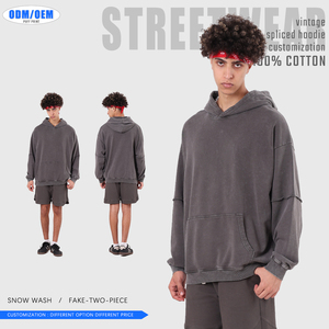 Sweat à capuche vintage personnalisé style hip-hop pour homme, en coton épais, design à effet deux pièces, coupe ample pour l'automne - Product Image 2