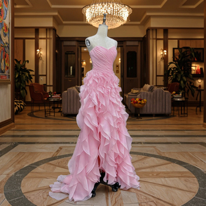 Vestido <span class=keywords><strong>de</strong></span> Noche Formal Elegante Rosa <span class=keywords><strong>de</strong></span> Satén con Volantes y Pliegues, Largo hasta el Suelo, Cola Barrida, Sin Tirantes, <span class=keywords><strong>para</strong></span> Bodas, <span class=keywords><strong>Fiestas</strong></span>, Bailes <span class=keywords><strong>de</strong></span> Gala, <span class=keywords><strong>para</strong></span> Mujer - Product Image 3