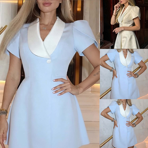 Nuovo Abito Estivo da <span class=keywords><strong>Donna</strong></span> Elegante per Feste, Vestito Corto a Maniche Corte con Vita Alta, Linea ad A, Monopetto, Aderente, Mini Abito alla Moda - Product Image 2