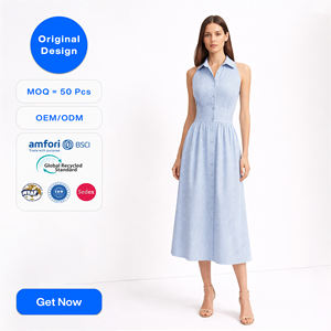 Robe chemise rayée bleue pour femme, <span class=keywords><strong>design</strong></span> <span class=keywords><strong>original</strong></span> SHENGFU, élégante, col halter, sans manches, mi-longue, robes de luxe pour femmes, style A, OEM - Product Image 1