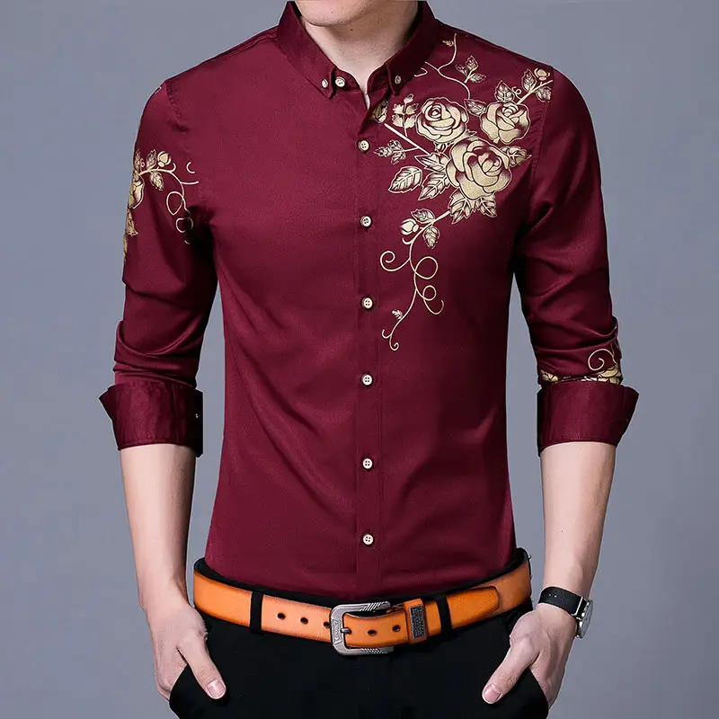 Marca Vinho Vermelho Mens Camisas de Vestido 2024 Moda Golden Rose Botão de Impressão Flor Camisa Homens Slim Fit Manga Longa Chemise Homme