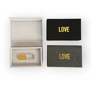 Kişiselleştirilmiş sıcak altın folyo damgalama Deboss Enboss Logo USB keten kutusu sunum hediye kristal USB kutuları