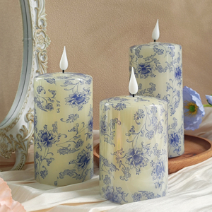 Bleu et blanc porcelaine impression LED <span class=keywords><strong>cire</strong></span> de paraffine pilier bougie 3 pièces Style céramique chinoise sans flamme scintillement personnalisé décor à la maison - Product Image 2